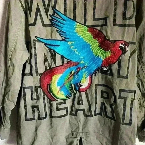 Zara Military Speak Up Trench Motor Biker Graphic Bird Olive Green Jacket XS - Picture 9 of 15